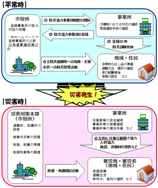 【平常時】市役所では登録事業所の協力内容を把握し、市ホームページで登録事業所を公表（※希望事業所のみ）する。市役所は事業者に対し防災協力事業諸制度の周知を行う。事業所は市役所に防災協力事業所の登録をし、災害時における対応の確認や緊急連絡手段の確認をしておく。事業所は、地域・住民に対し、登録のPRや防災訓練に参加する。市役所は地域・住民に対し、自主防災組織等への指導・支援、市民への防災啓発活動を行う。地域・住民は、非常持ち出し品の準備、避難方法、家の耐震補強、家具の固定などの対策をしておく。【緊急時】災害が発生すると市役所（災害対策本部）は避難所の設営、被害状況等の把握、救助・救護の準備、救援物資等の調達を行う。市役所は、被災地・被災者（地域・住民）に対して救援・救護復旧活動を行う。事業者は、従業員等の安全確保、事業所等の被害確認、事業所等の復旧作業などを行う。事業所は、被災地・被災者（地域・住民）に対して、自主的に可能な範囲で人的協力や、施設・資機材等の提供などを行う。家屋倒壊したり避難生活をするた被災地・被災者（地域・住民）は飲料水、食料の確保などを行う。