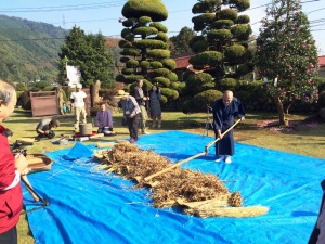 大豆の脱穀体験の様子の写真