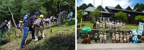 植樹作業の様子と開会式の写真